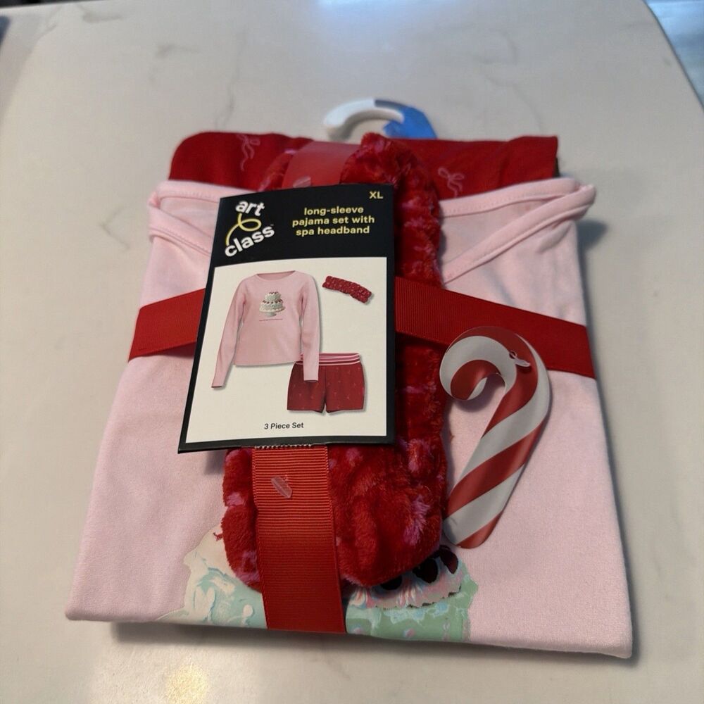 Art Class Girls XL 14-16 Pink Long Sleeve Pajama Set Spa Headband 3 Pc NWT